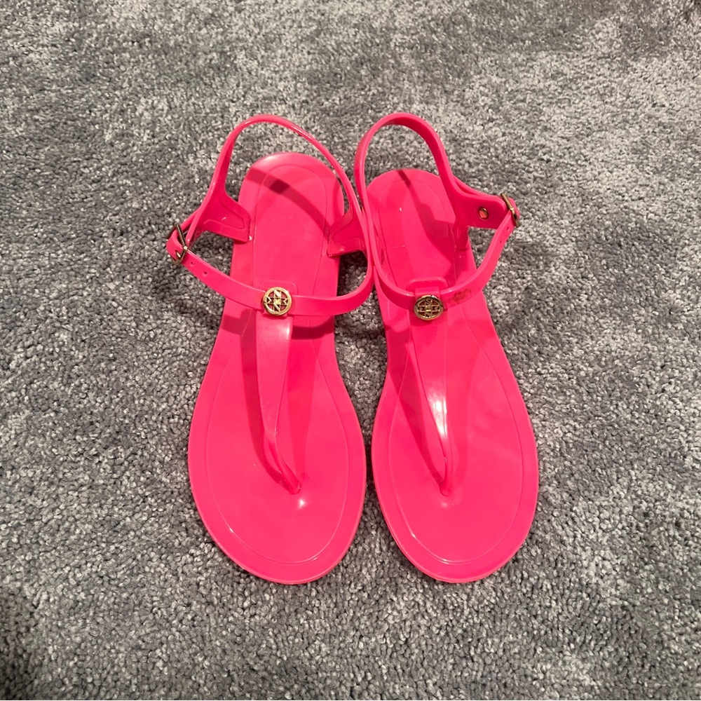 Nicole Miller Pink T-Strap Sandals Glossy Finish